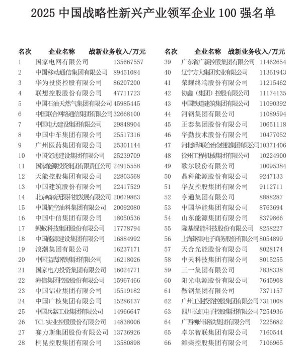股民之家 “2025中国战略性新兴产业领军企业100强”名单发布